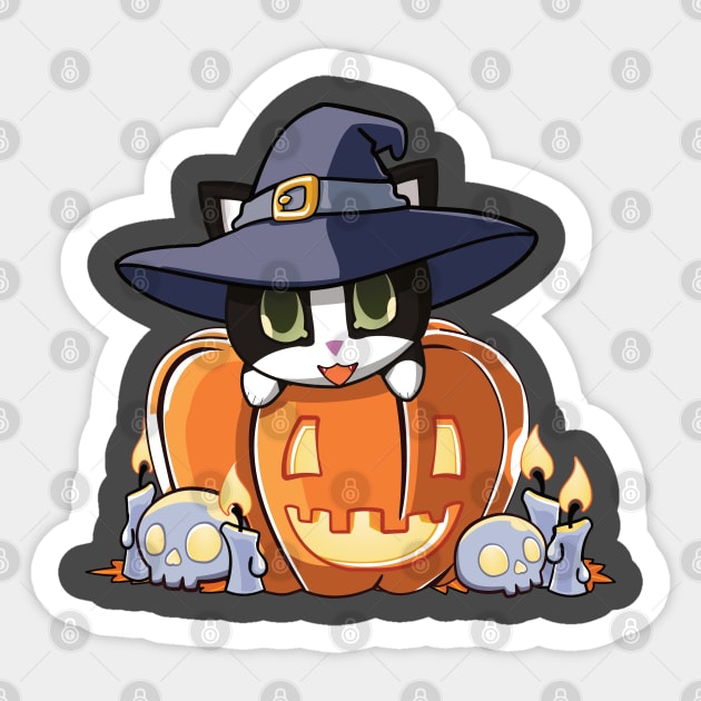 tuxedo cat in a pumpkin Sticker by Myanko